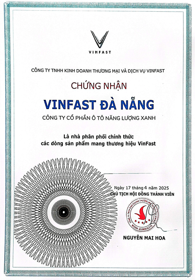 Chứng nhận Đại lý ủy quyền VinFast Năng Lượng Xanh Đà Nẵng